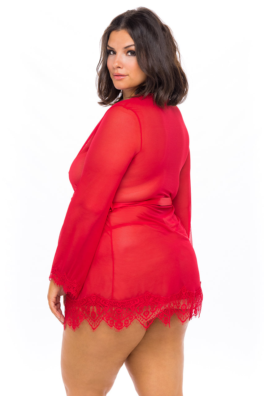 Back view of a Woman wearing a red plus-size sheer mesh robe with lace trim, satin waist sash, and matching G-string