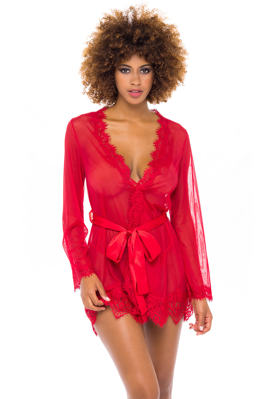 Model wearing the Provence Short Sheer Robe in red with satin sash and eyelash lace trim.
