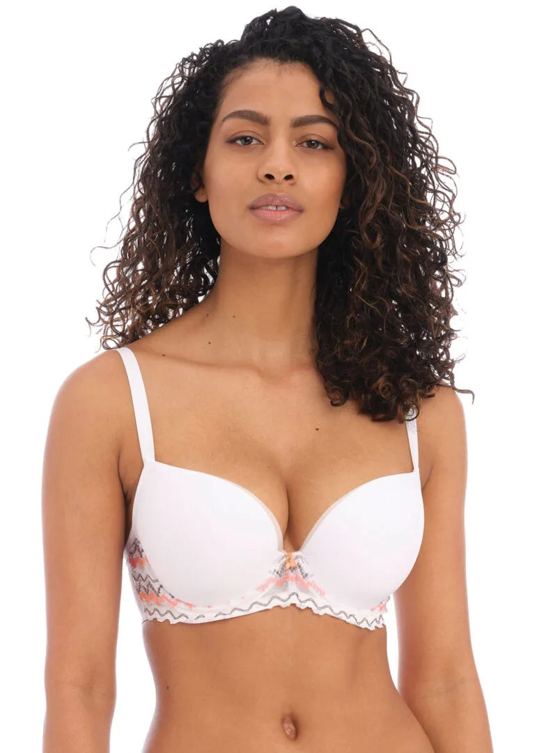 Festival Vibe Molded Plunge Bra from Freya in White/Coral at Belle Lacet Lingerie.