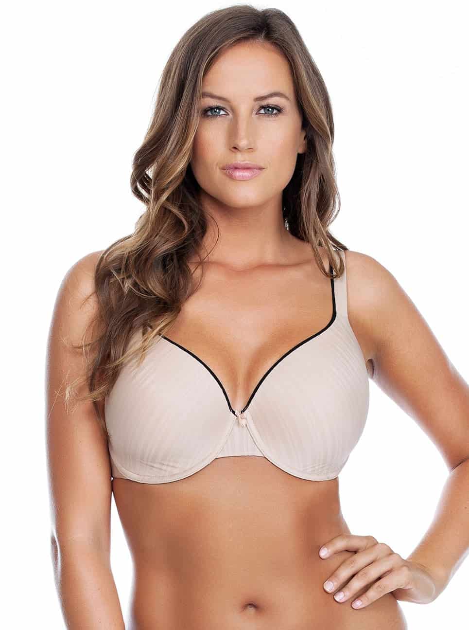 Woman wearing a beige bra on a white background