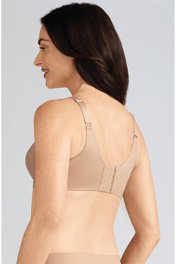 Back view of a woman wearing the Amoena Magdalena wire-free mastectomy bra with high back, smooth sides, and wide adjustable straps