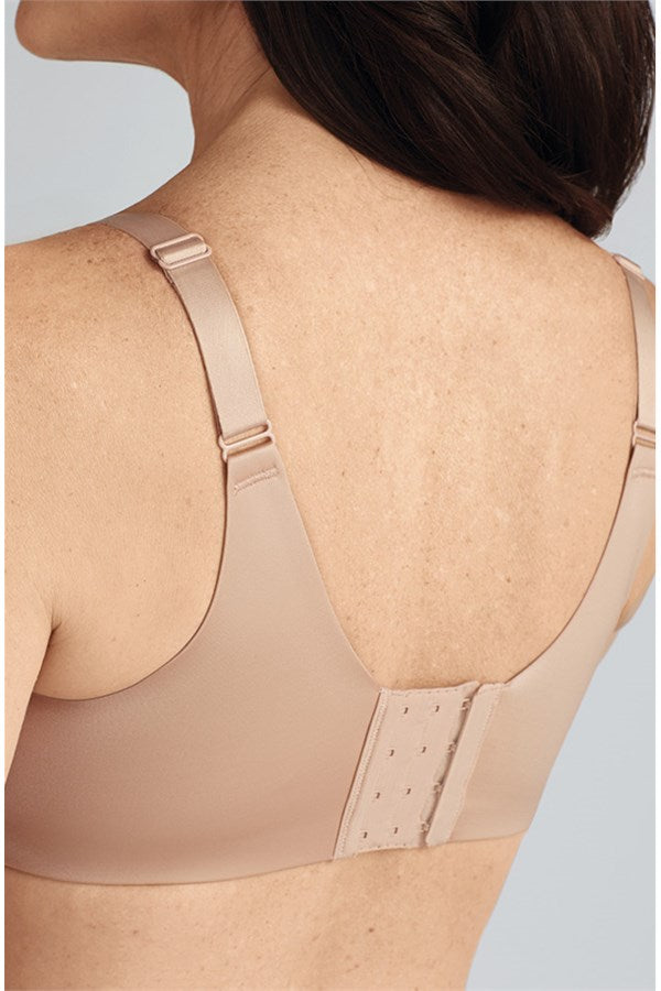 Back view of a woman wearing the Amoena Magdalena wire-free mastectomy bra with high back, smooth sides, and wide adjustable straps