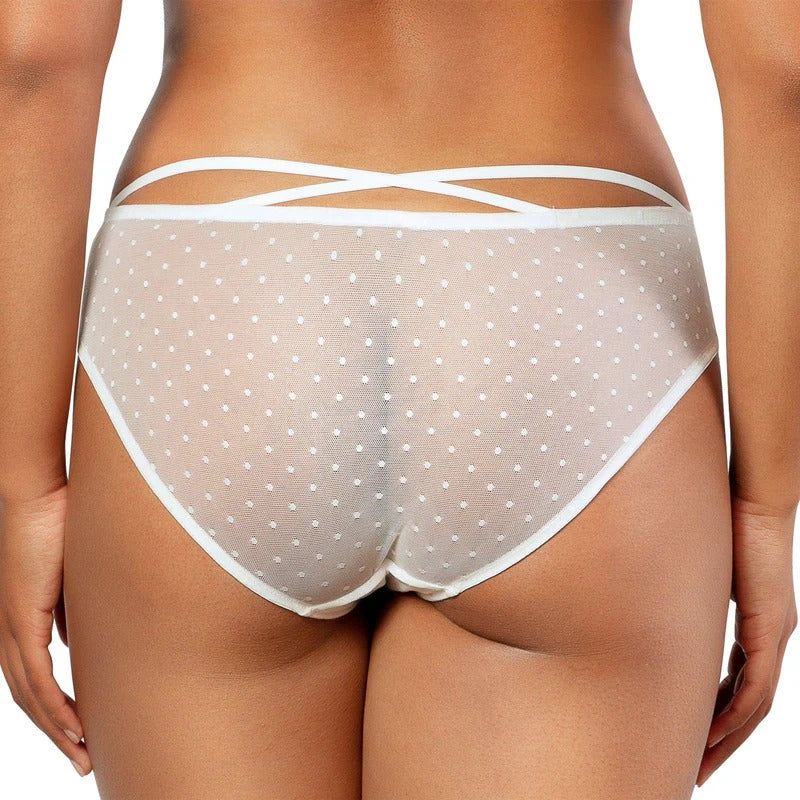 Back view of the PARFAIT Mia Hipster Panty showing the decorative strappy waistband in white.