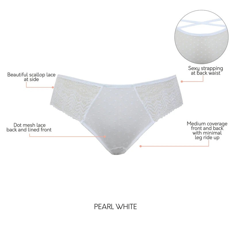 White lace panties with callout annotations describing features such as scallop lace at the side, mesh lace on the back and front, and a close-up inset showing the back waistband.