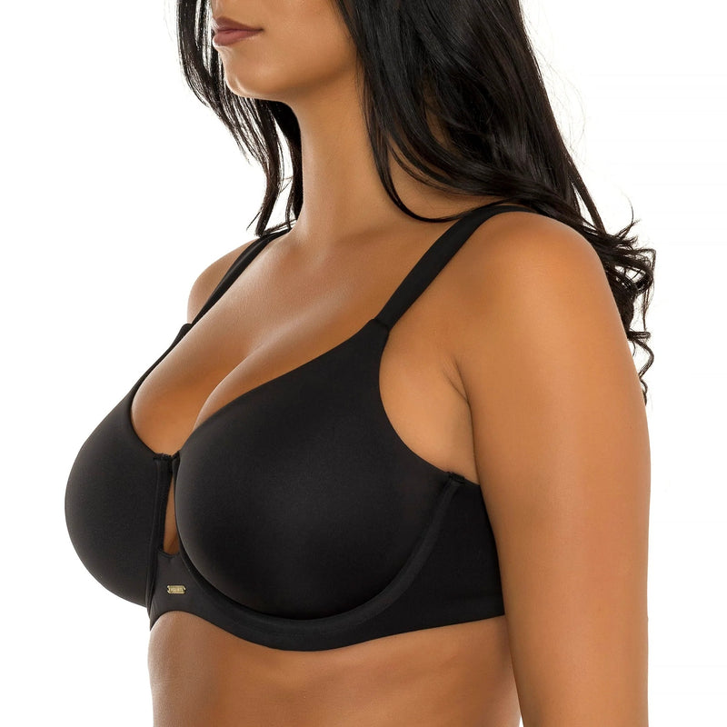 Side profile of the PARFAIT Emily seamless full bust underwire bra showing smooth side support iin black.