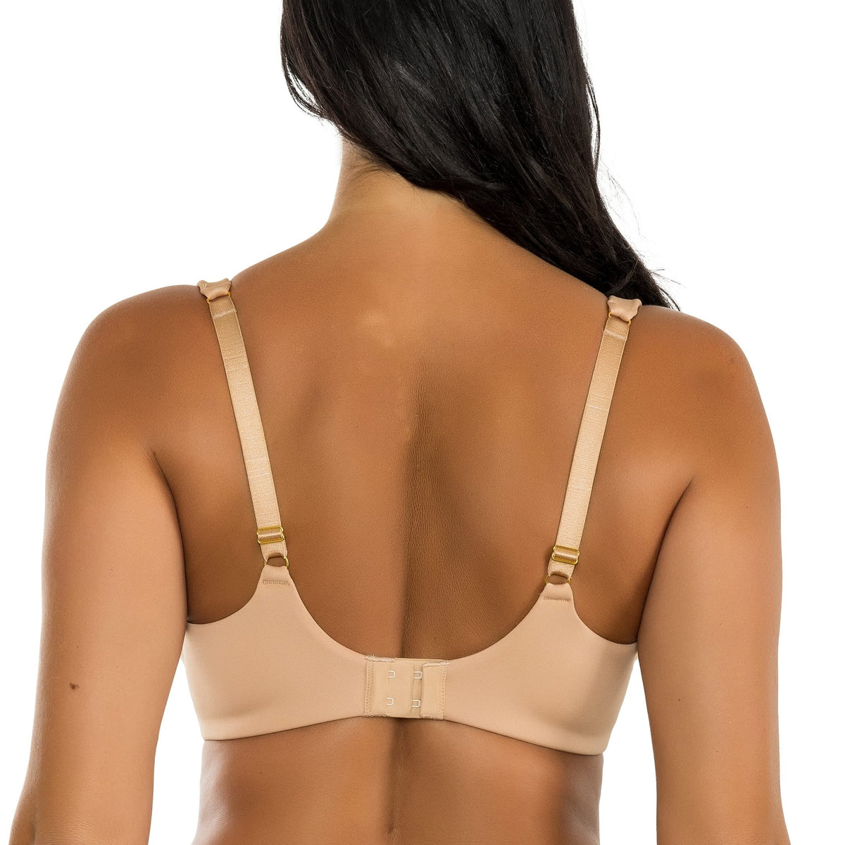 Back view of the PARFAIT Emily Full Bust Seamless Underwire Bra with adjustable straps and hook-and-eye closure in warm sand color.