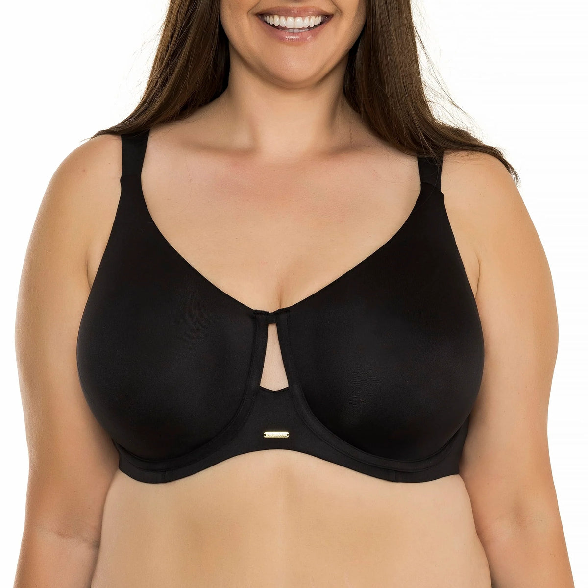 Close-up of the PARFAIT Emily Bra center keyhole detail and seamless cup construction iin black.