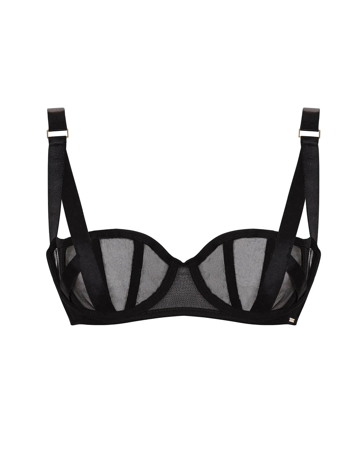 Black bra with mesh panels on a white background