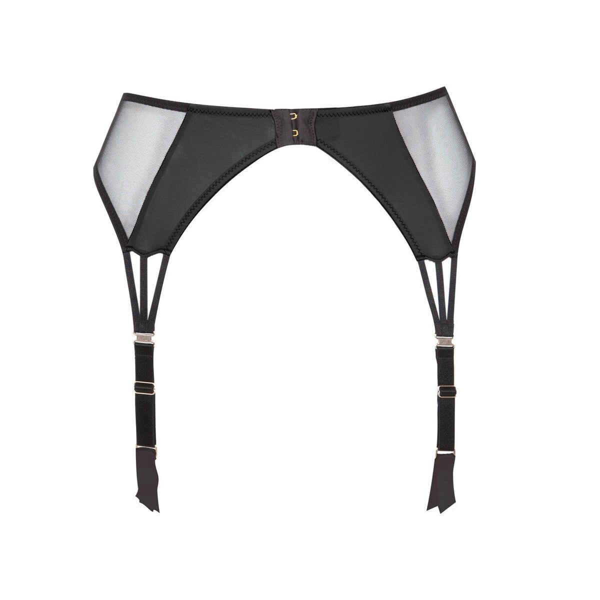 Black garter belt with mesh panels on a white background
