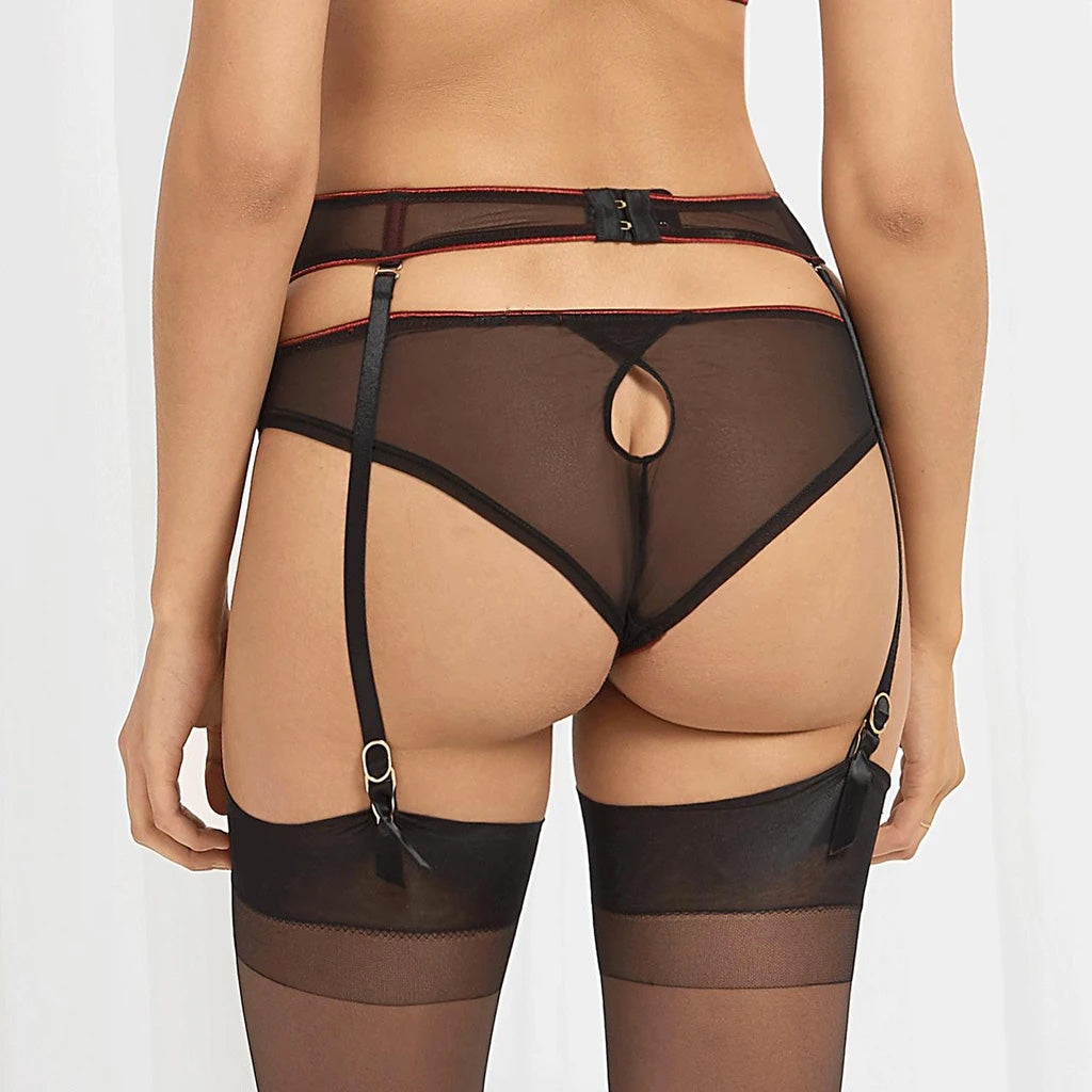 Rear close-up of a black lingerie set with sheer elements on a white background