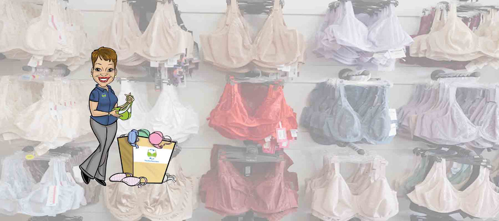 Cartoon character with a shopping bag in front of a display of bras.
