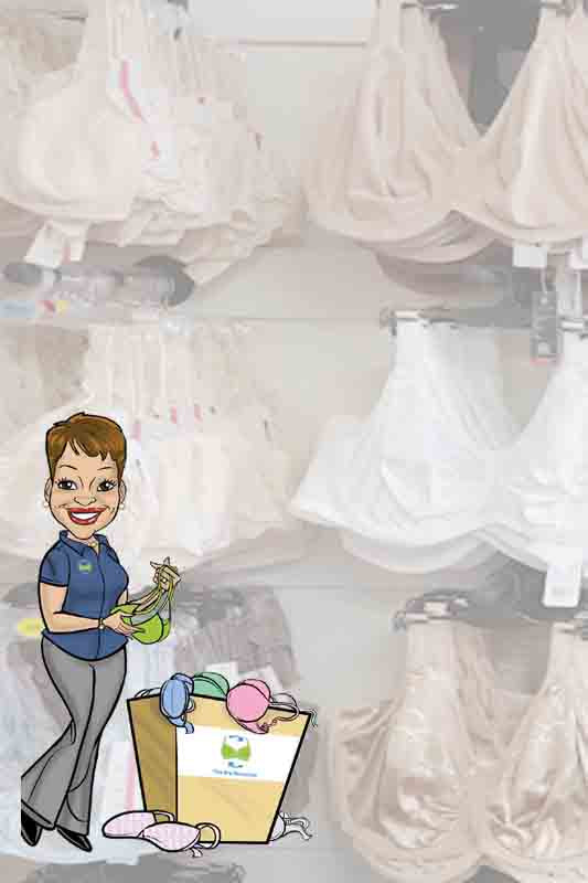 Cartoon character holding a bag with a logo in a lingerie store setting