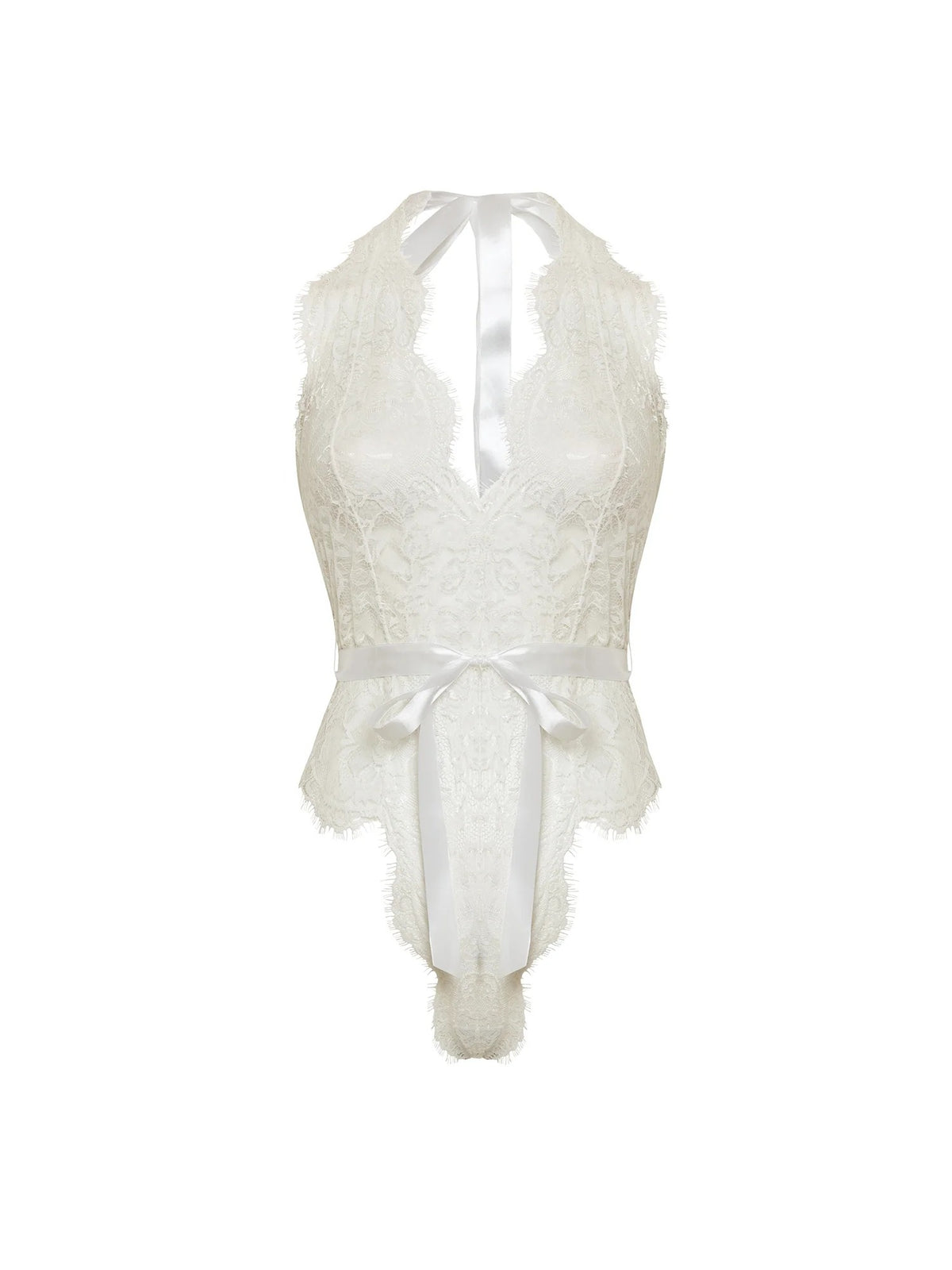Naomi Eyelash Lace Halter Teddy highlighting the eyelash lace fabric and satin waist tie.