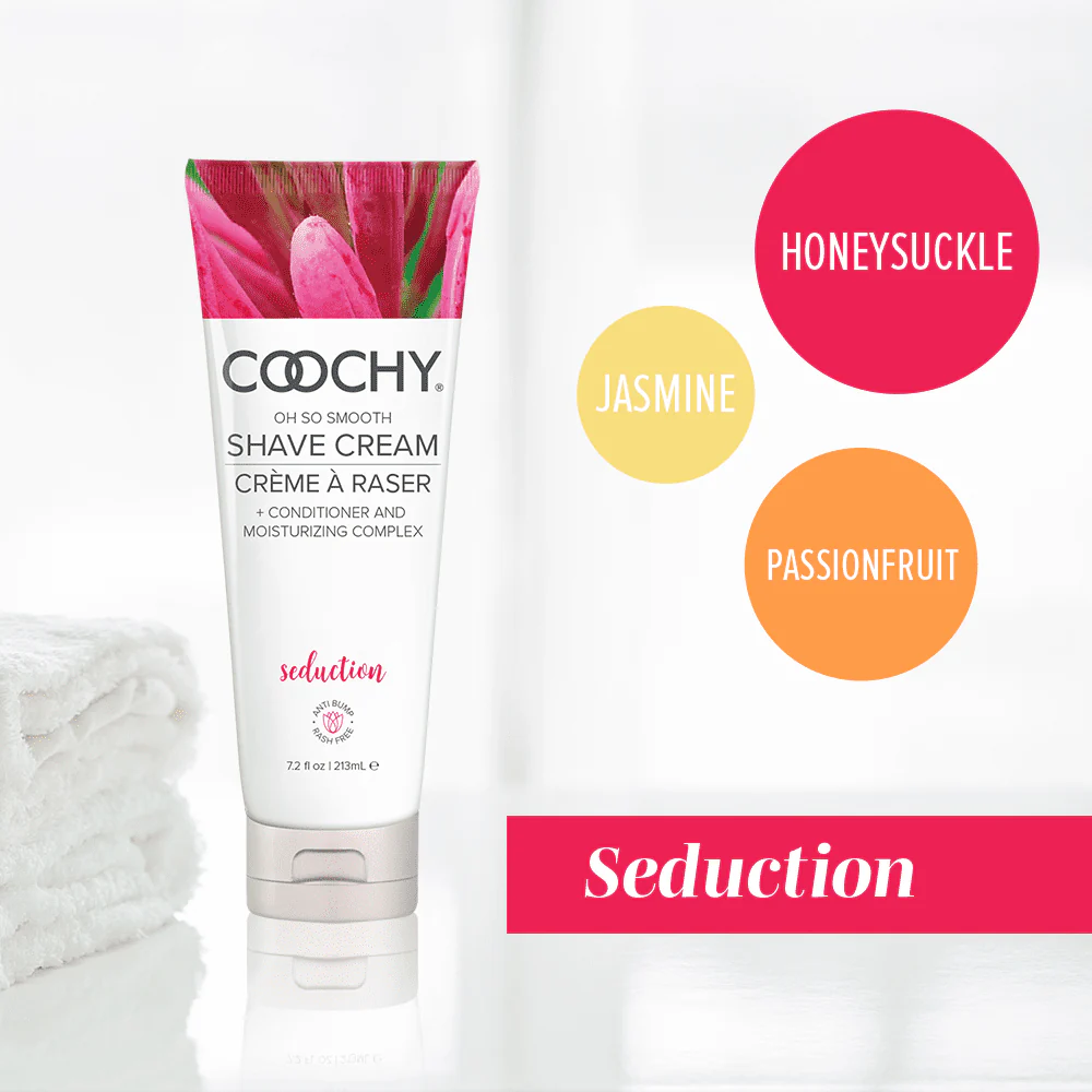 Coochy shave cream tube with floral design and color swatches labeled Honeysuckle, Jasmine, and Passionfruit on a white background.