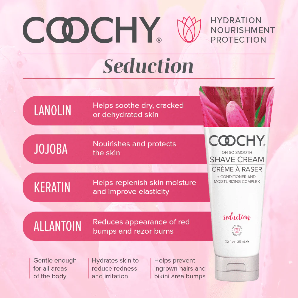 Coochy Seduction shave cream with ingredients listed on a pink background