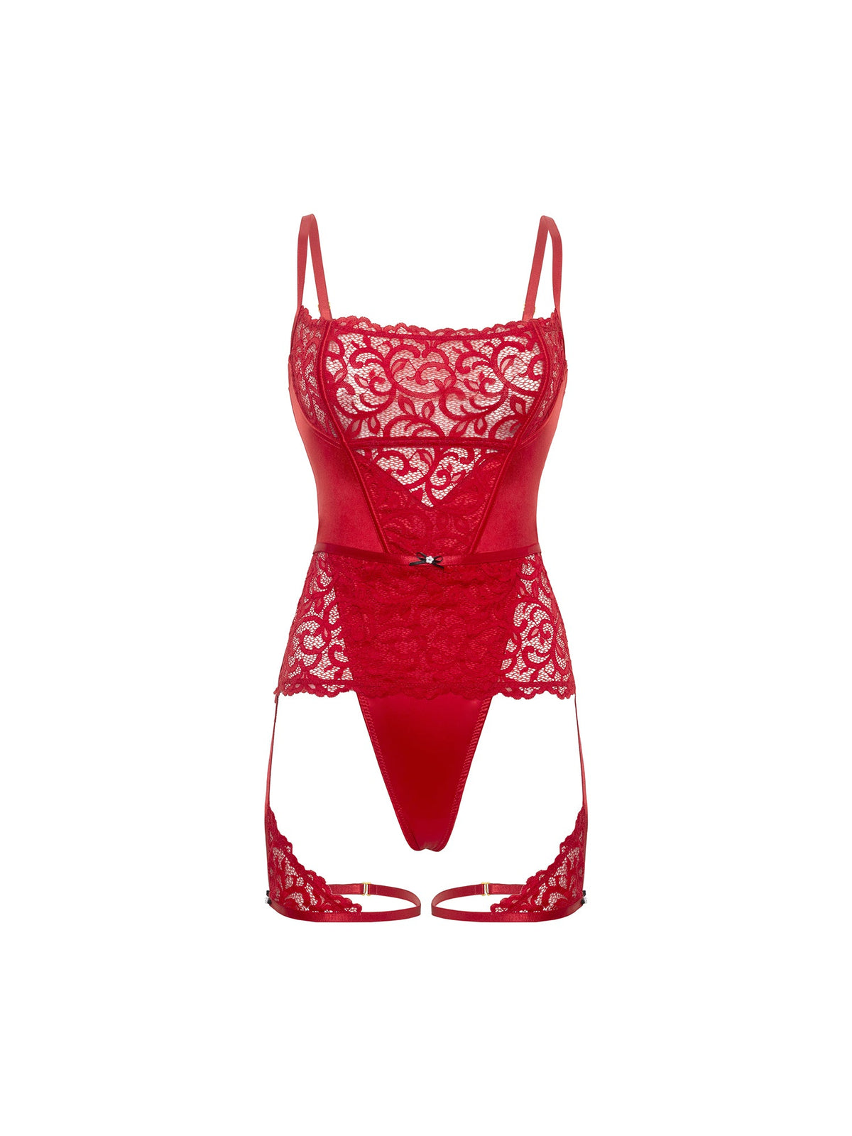 Red lace lingerie set on a white background