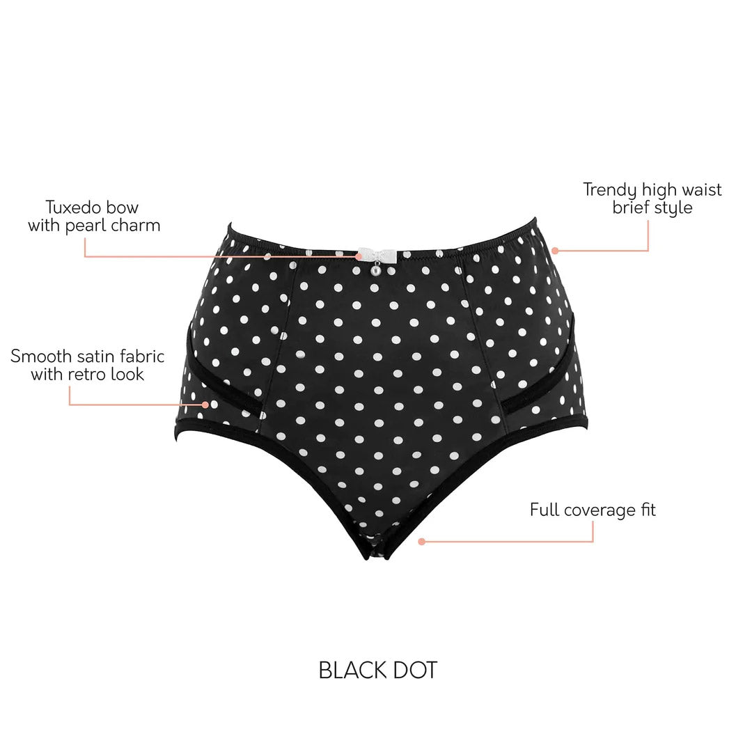 Black polka dot high-waist briefs with features highlighted on a white background