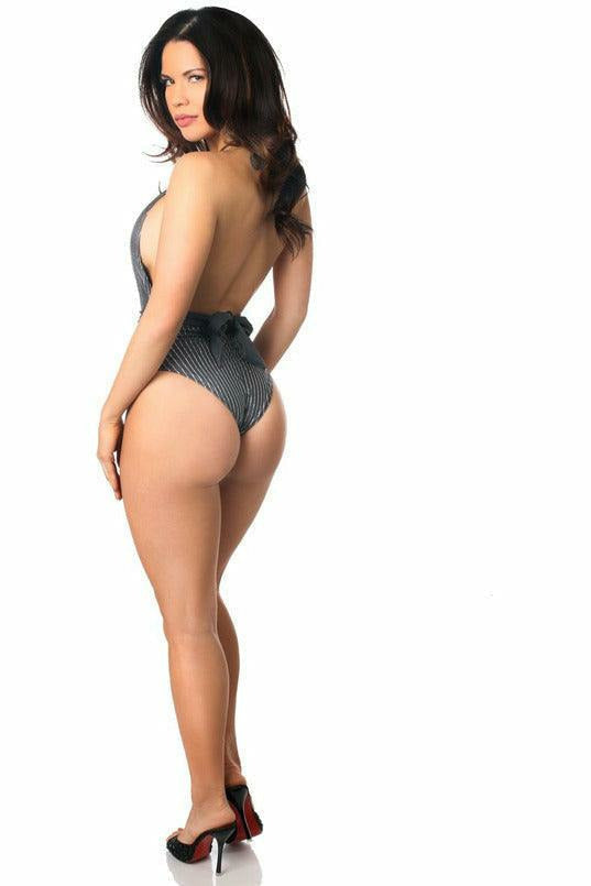 Gray Glitter Striped One-Piece Pucker Back Swimsuit w/Removable Belt - Daisy Corsets