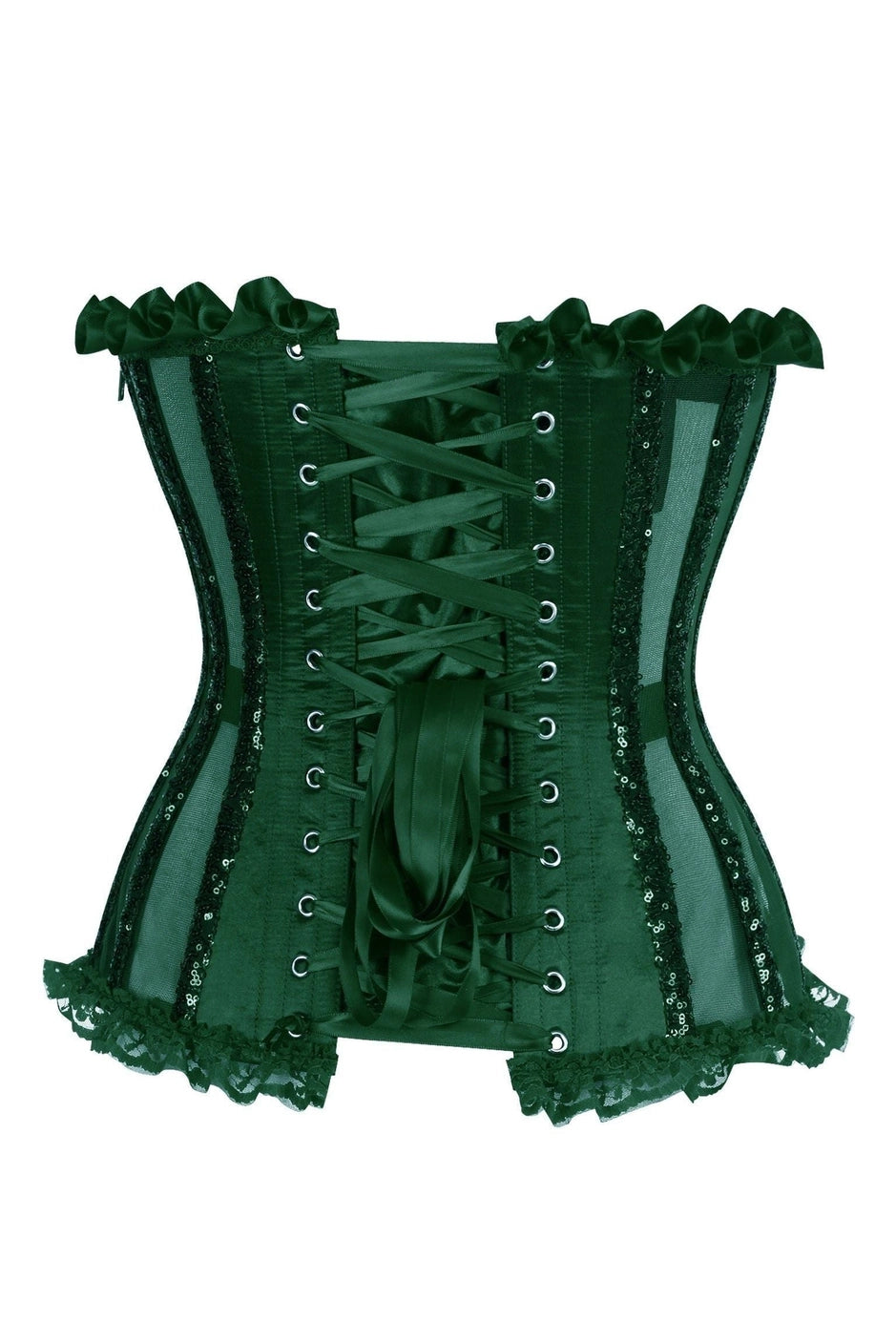 A dark green lace-up corset with sheer mesh panels, ruffled trim, and lace detailing, shown against a plain white background.