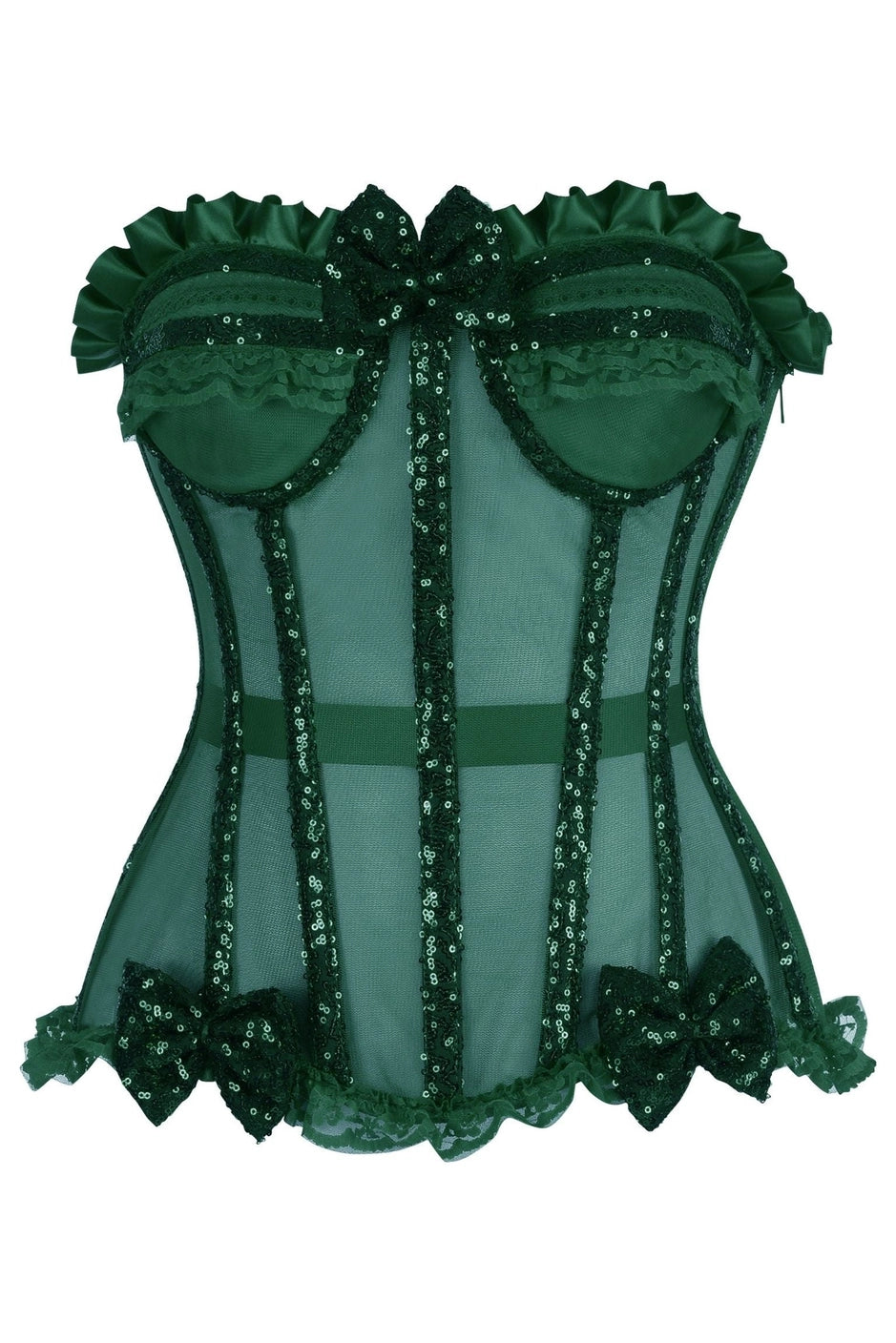 A dark green corset-style lingerie top with sheer mesh panels, sequined trim, ruffled straps, and bow details, shown on a plain white background.