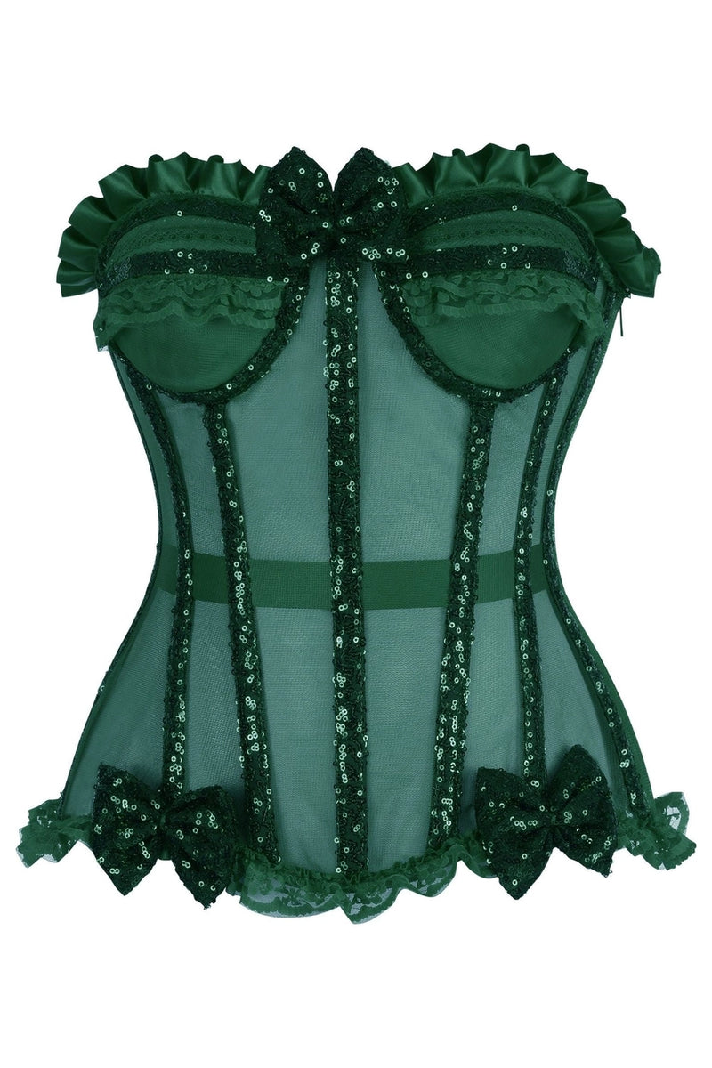 A dark green corset-style lingerie top with sheer mesh panels, sequined trim, ruffled straps, and bow details, shown on a plain white background.