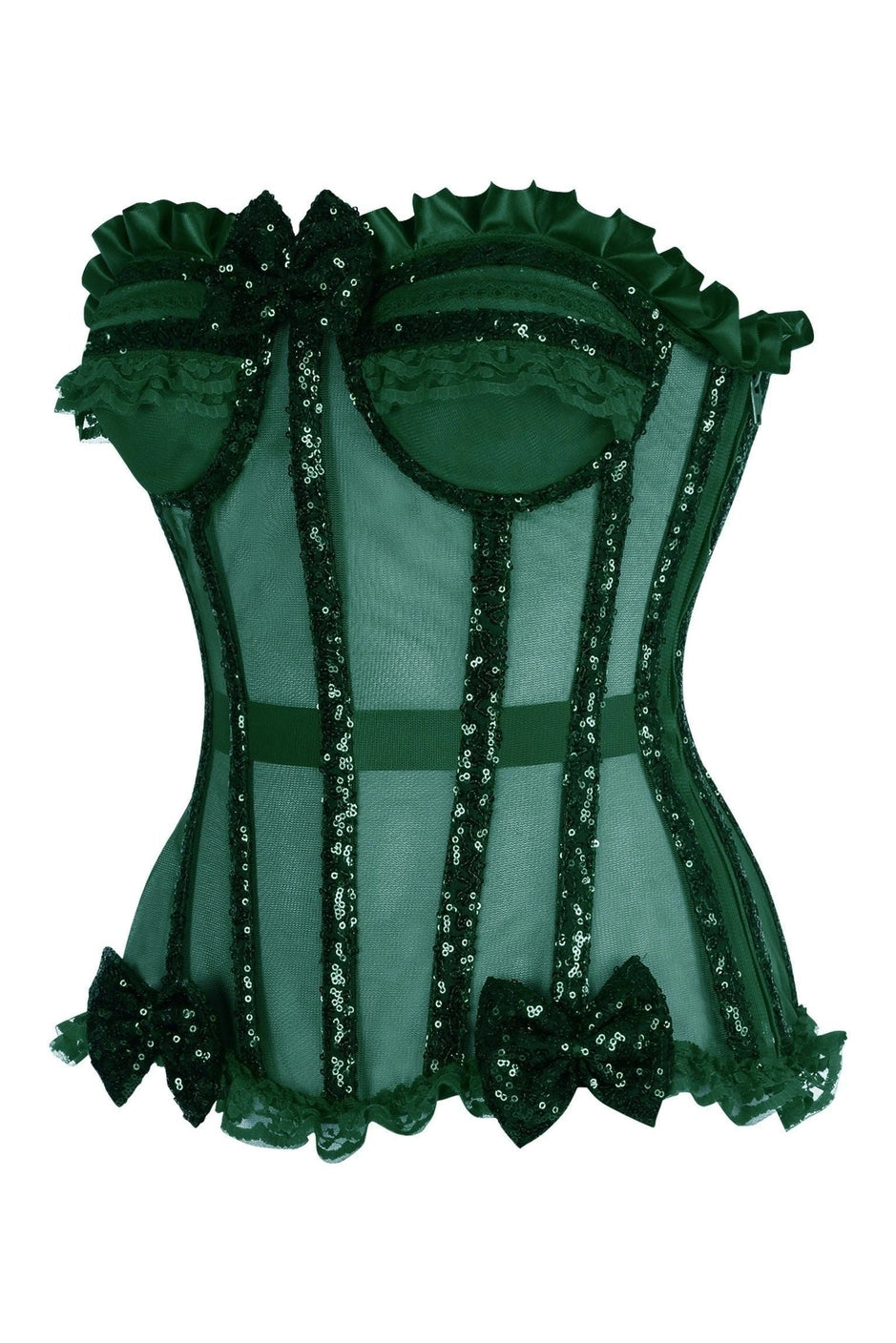 Green corset with floral details on a white background
