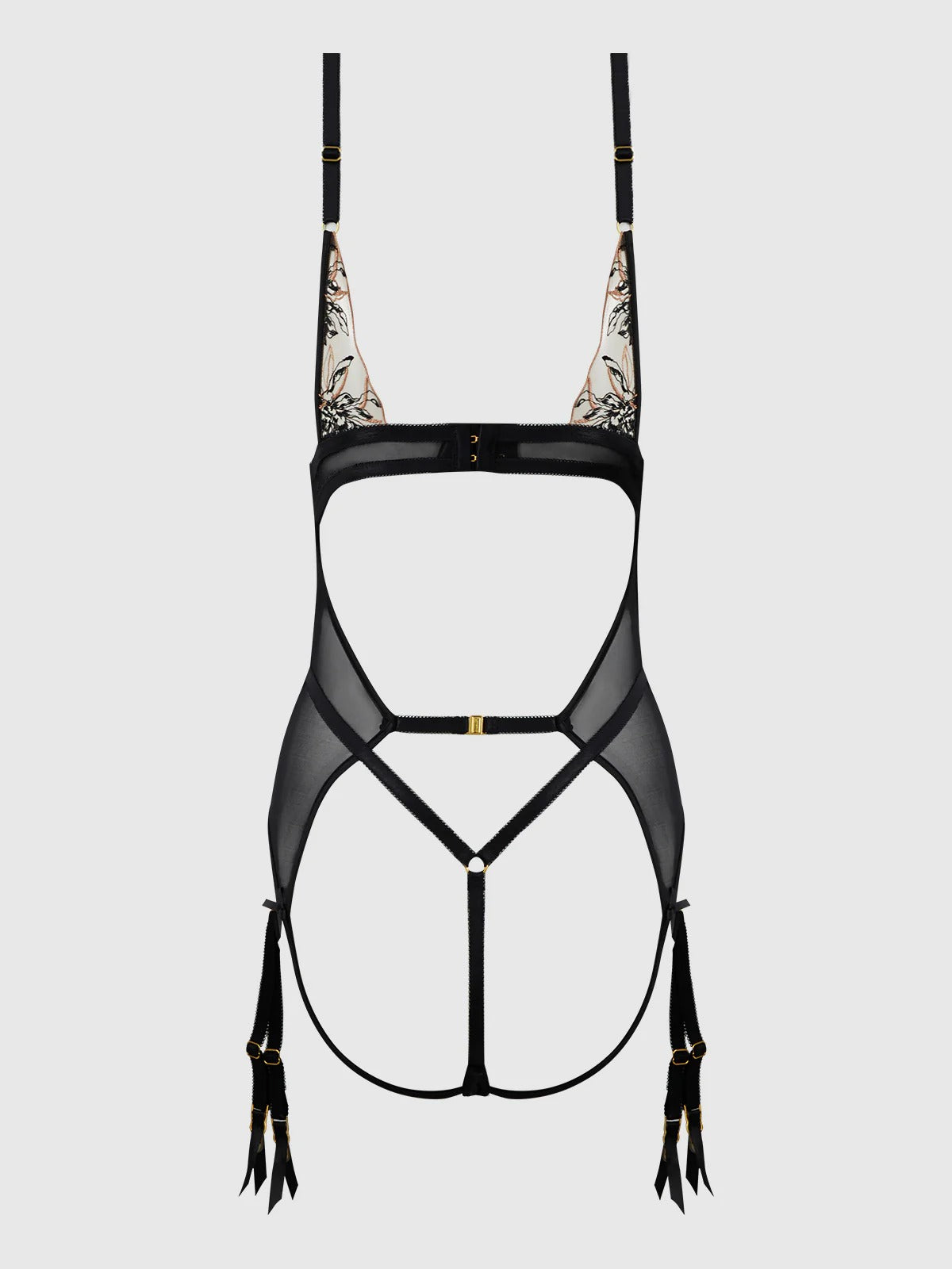 Black lingerie set with straps on a white background