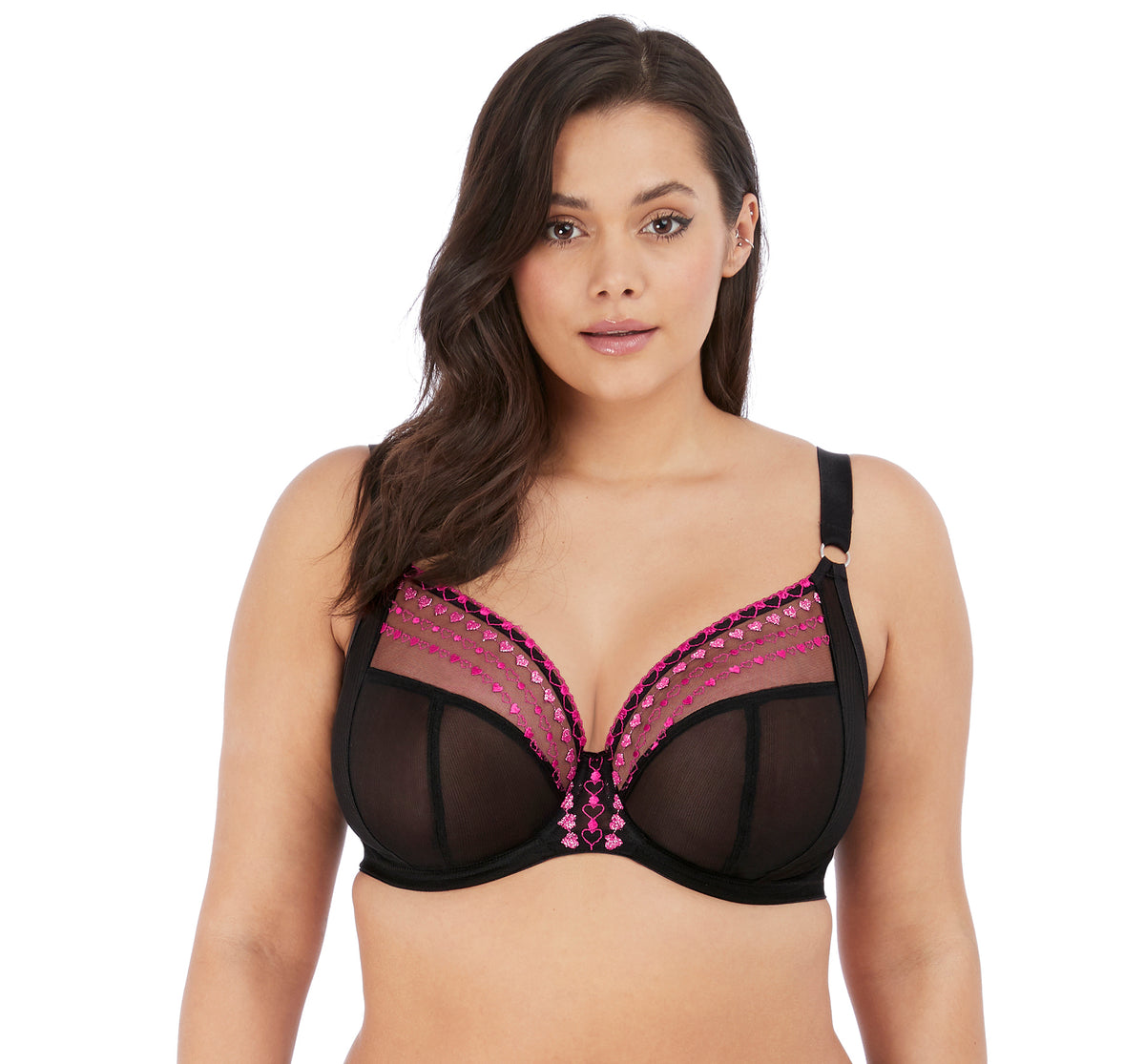 Woman wearing a black and pink bra on a white background