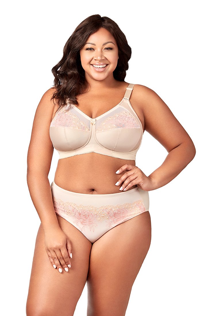 Front view of the Elila Swiss Embroidery Wireless Soft Cup Bra with embroidered full-coverage cups.

Back View