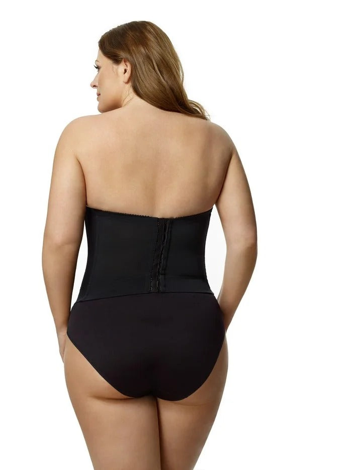 Woman wearing a black strapless swimsuit on a white background