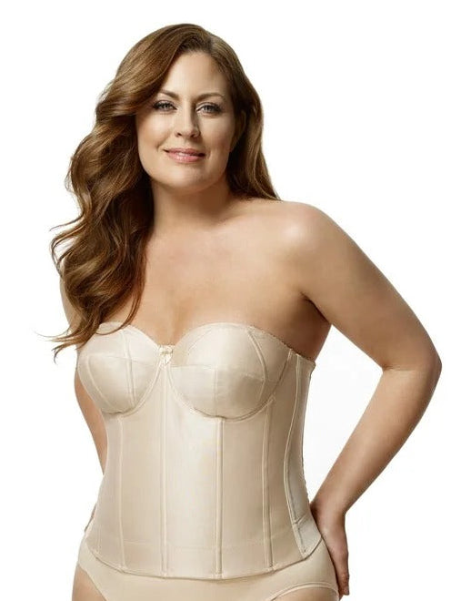 Woman wearing a beige waist trainer on a white background