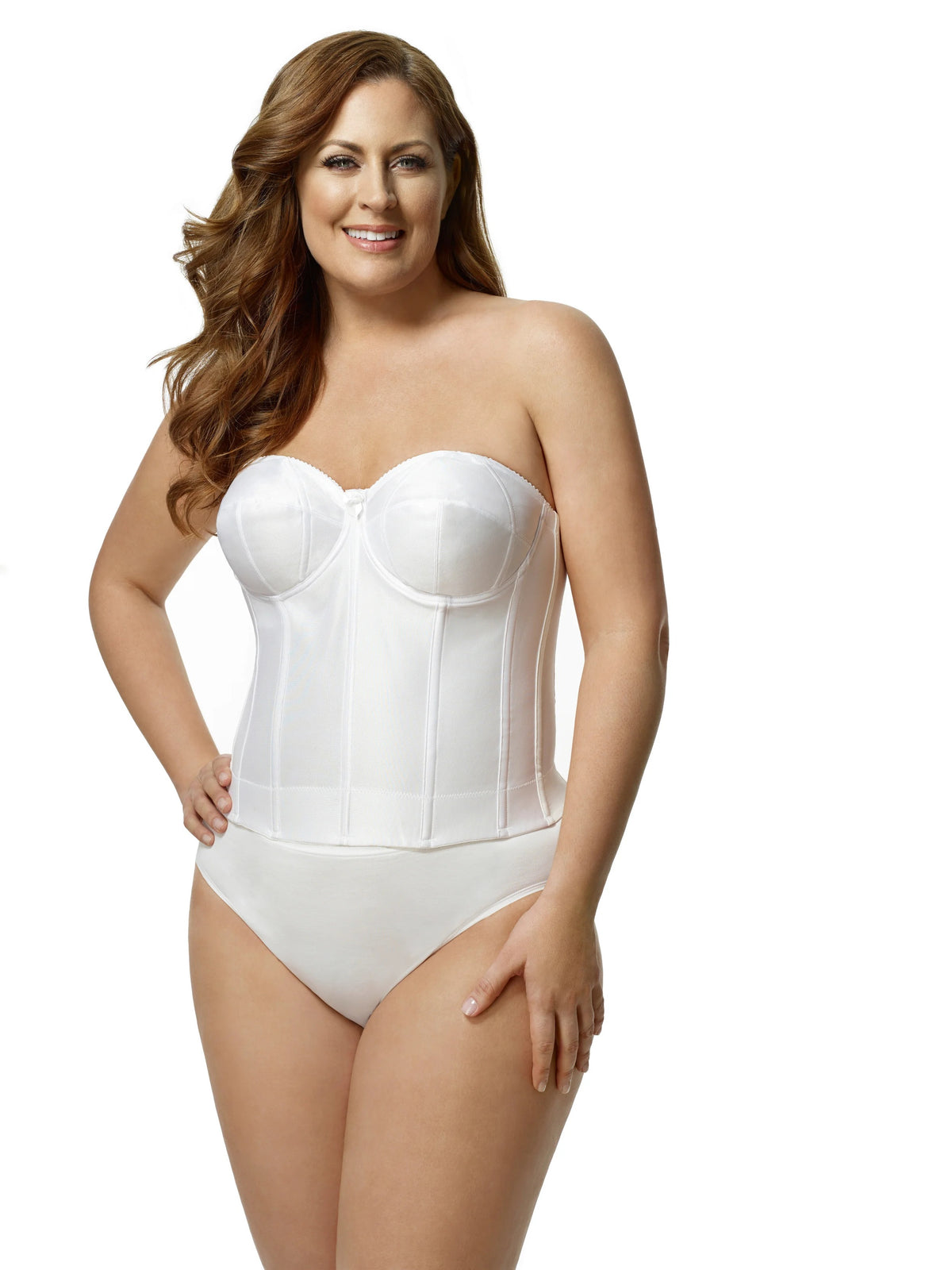 Woman wearing a white strapless bodysuit on a white background