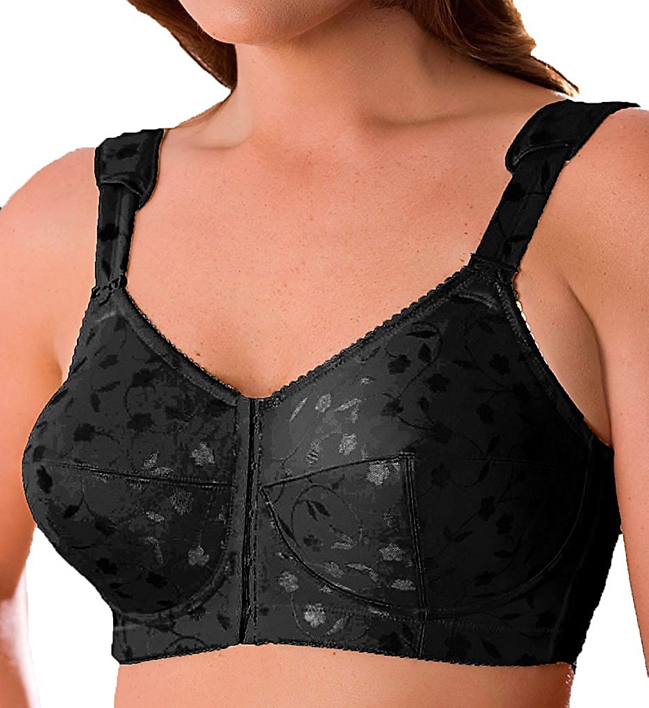 Black lace bra worn by a person on a white background