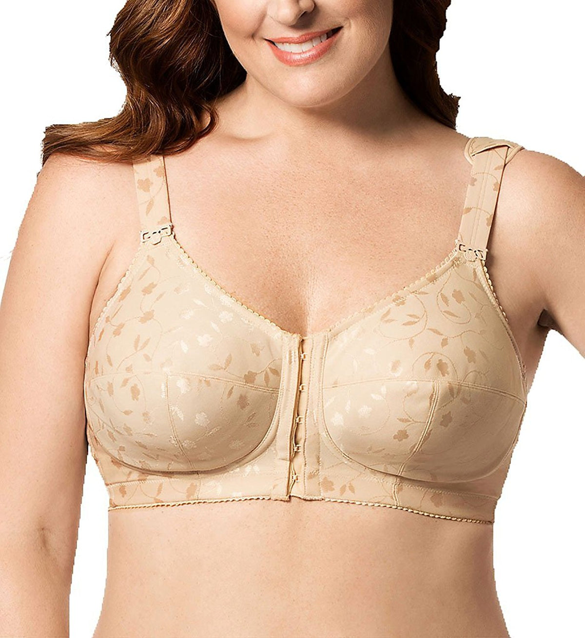Beige bra worn by a model on a white background