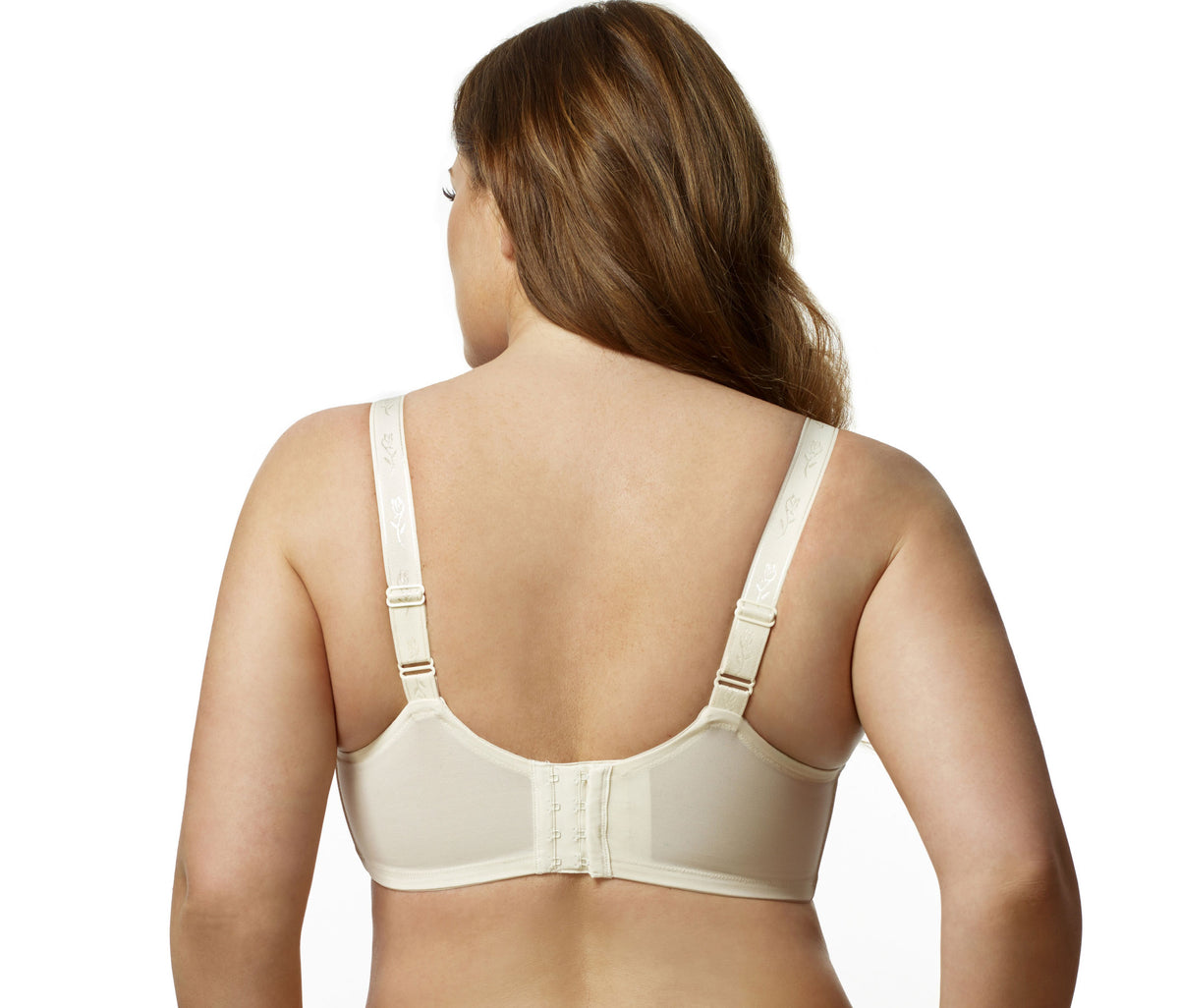 back view of a Woman wearing an Ivory Elila Stretch Lace Full Coverage Underwire Bra with supportive stretch lace and reduced-stretch straps