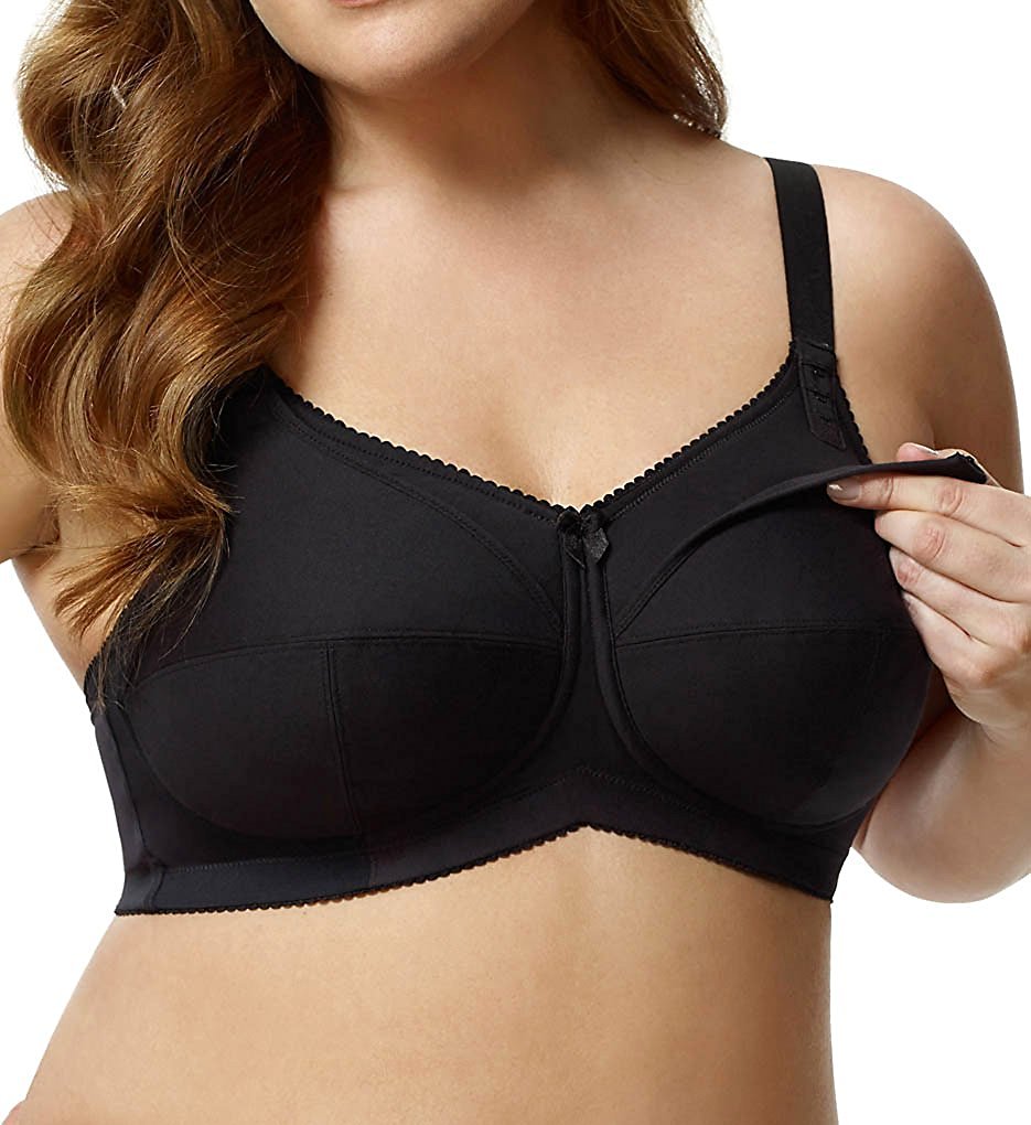 Woman wearing a black elila nursing bra on a white background
