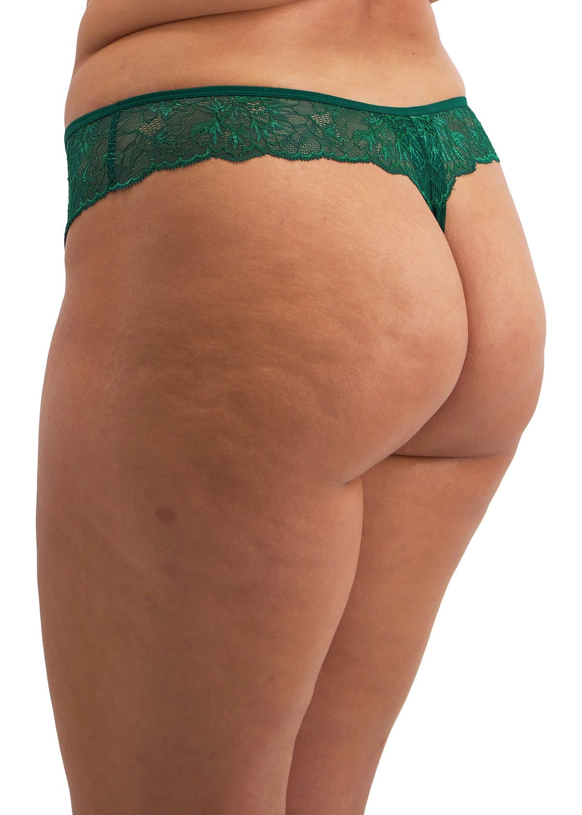 back view of a woman wearing a green thong on a white background