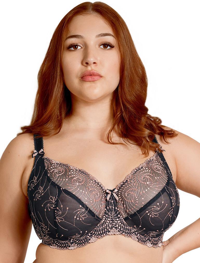 Black with Gold Trim front view. Nicole See-Thru Underwire Bra from Fit Fully Yours<span style="font-family: -apple-system, BlinkMacSystemFont, 'San Francisco', 'Segoe UI', Roboto, 'Helvetica Neue', sans-serif; font-size: 0.875rem;"> delivers all day comfort and superior support in a sheer style. It's fabulously feminine and perfect for full busted women.
