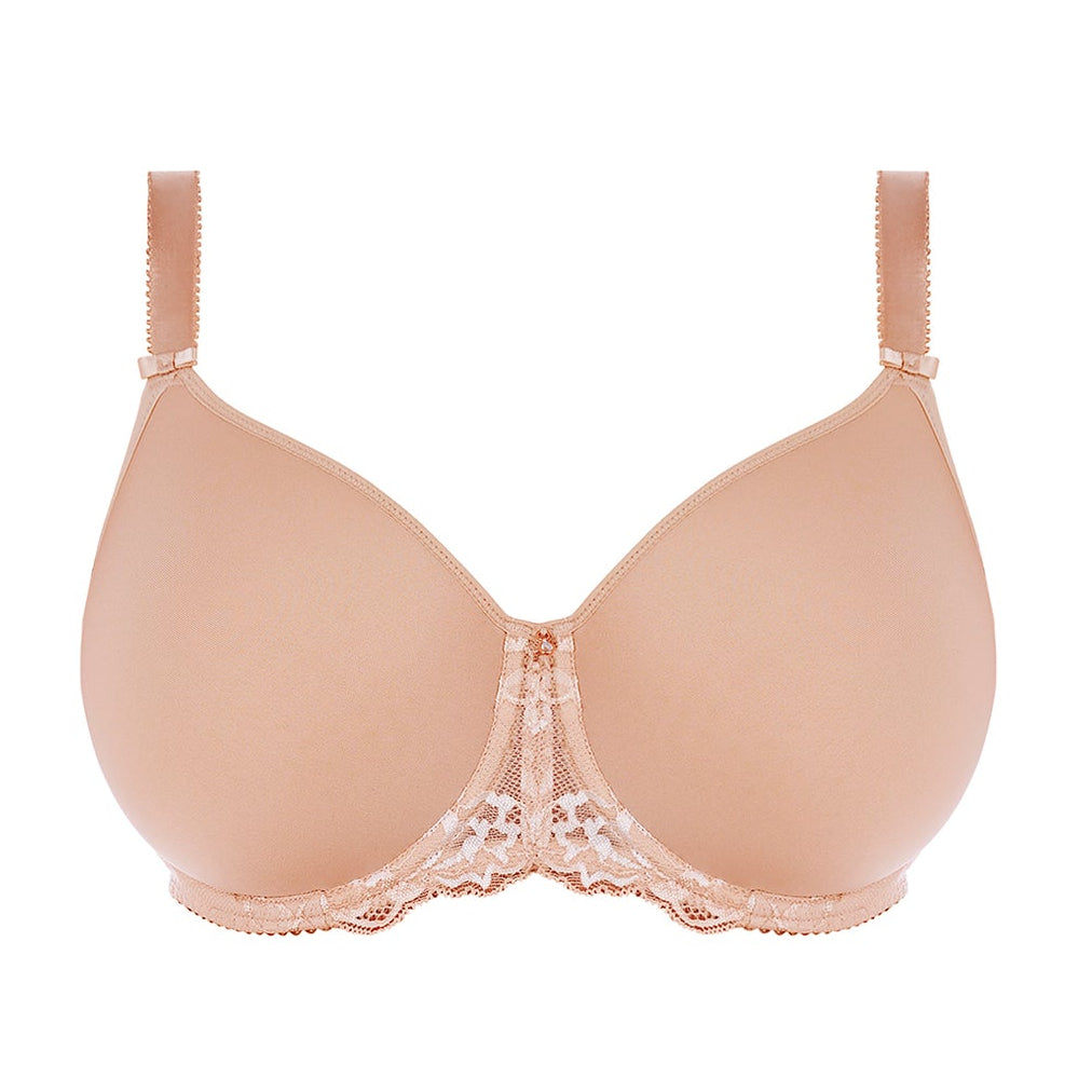 Nude-colored bra with lace details on a white background