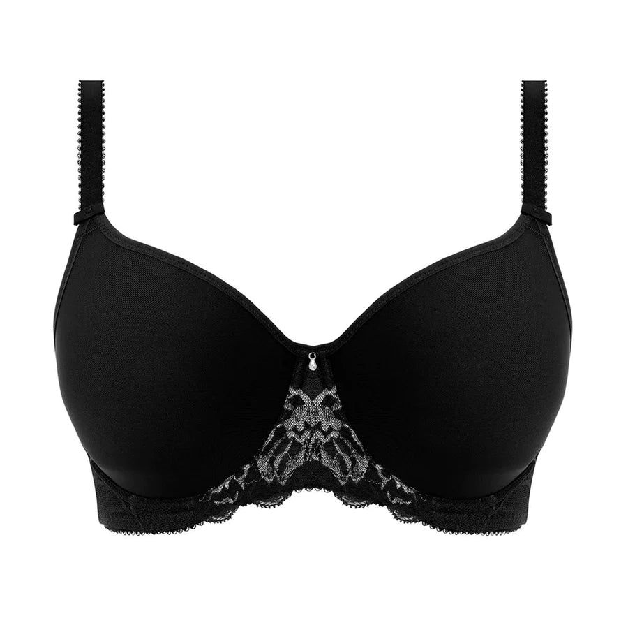 Black bra with lace details on a white background