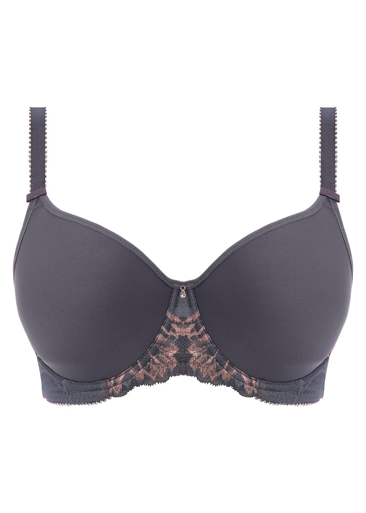 Gray bra with lace details on a white background