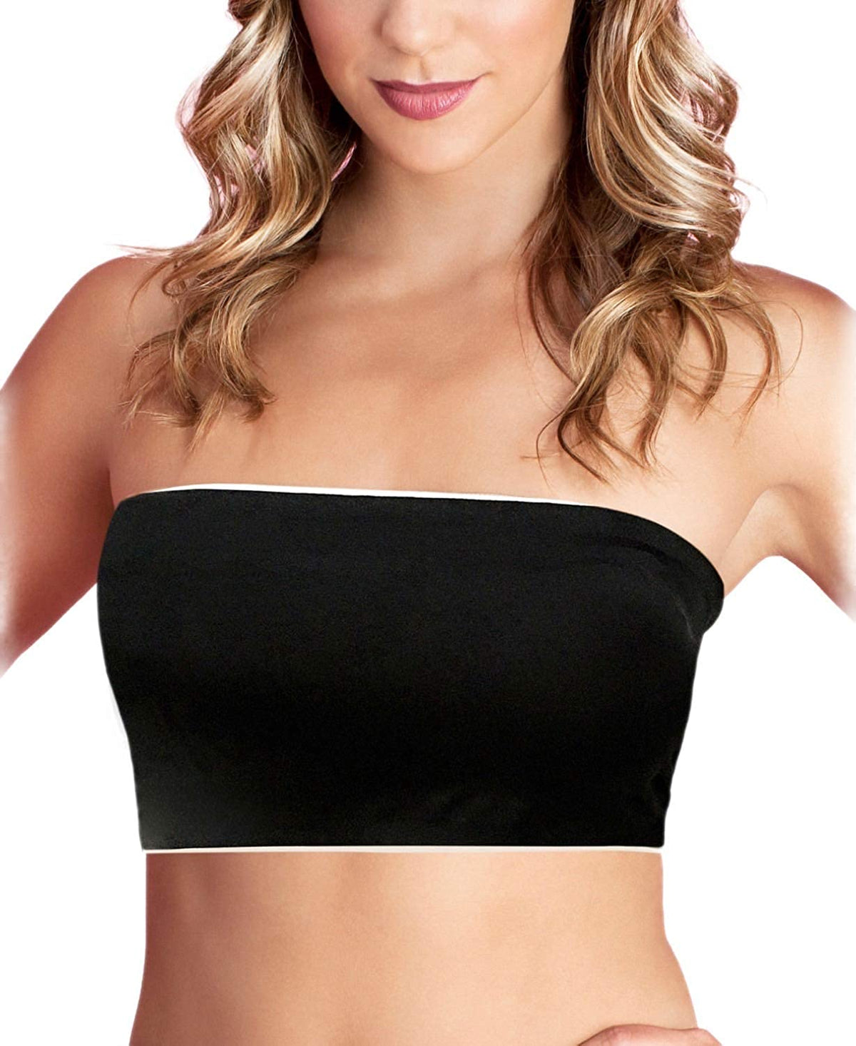 Black tube top worn by a model with a plain background