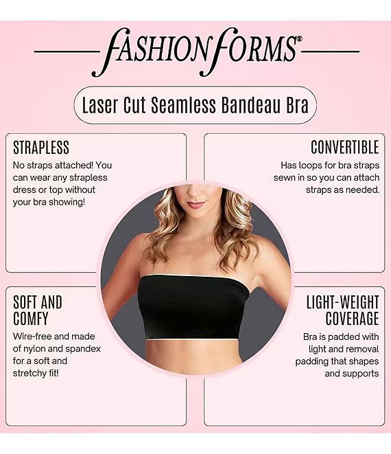 Advertisement for Fashion Forms Laser Cut Seamless Bandeau Bra with product features on a pink background.