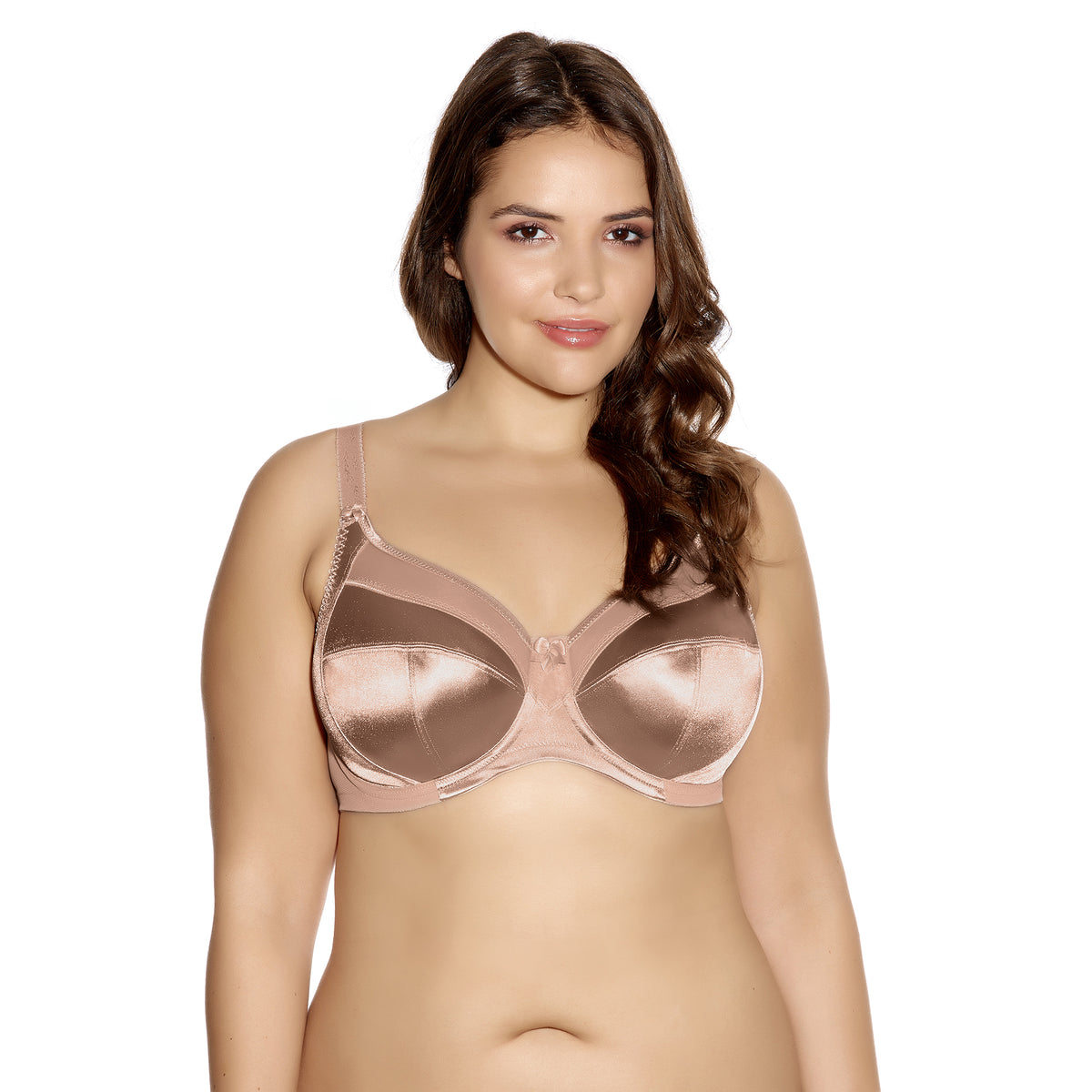 Woman wearing a beige Goddess Keira underwire banded bra in black with sheer top cup and three-section support design.