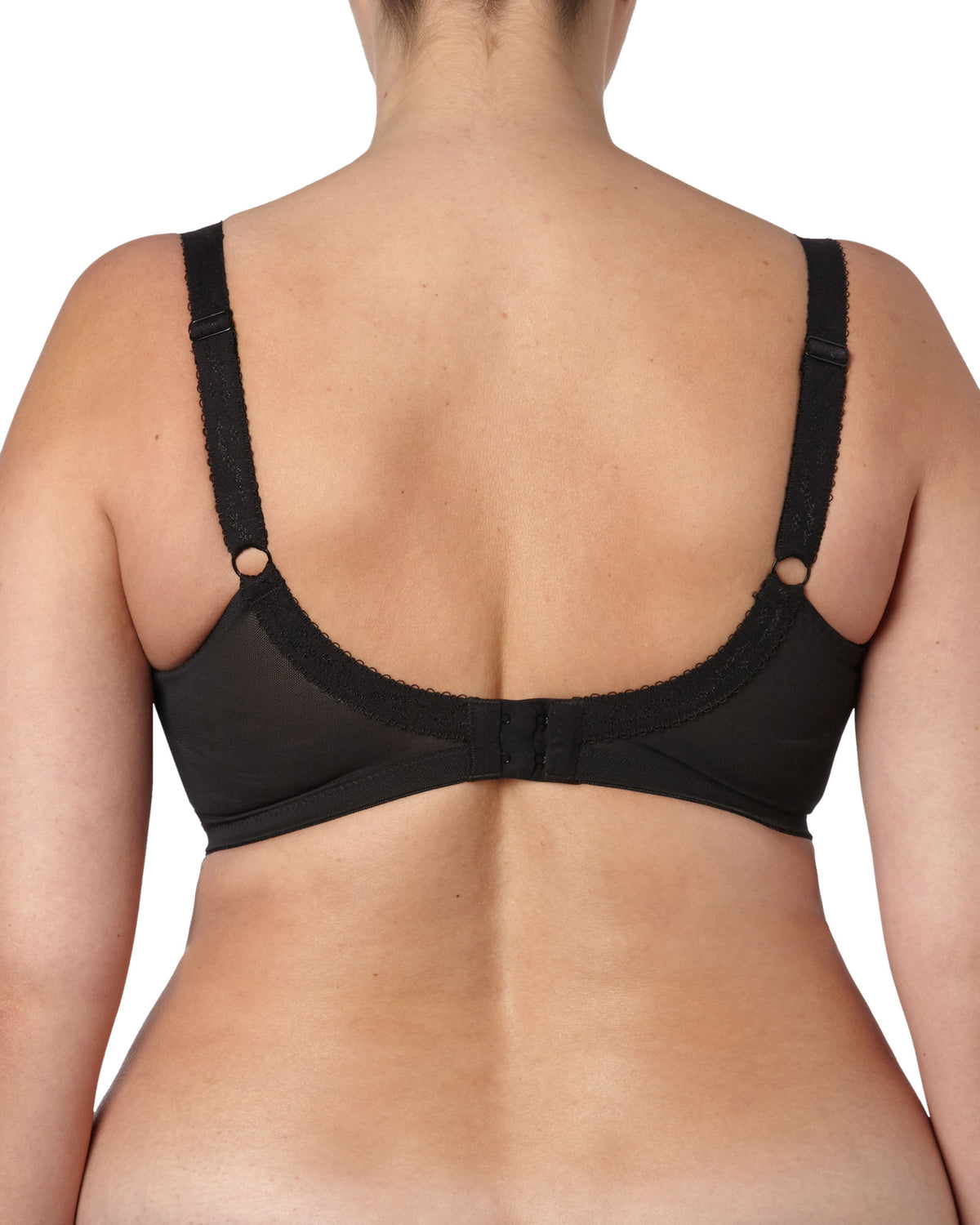 Back view of a Woman wearing a black Goddess Keira underwire banded bra in black with sheer top cup and three-section support design.