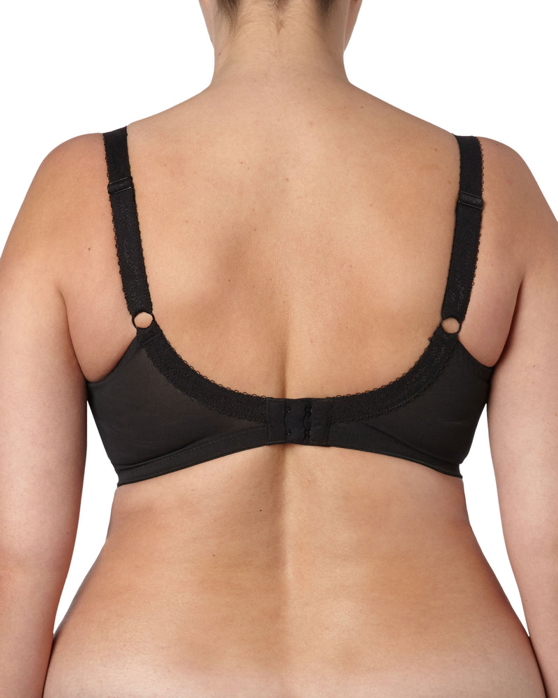 Back view of a Woman wearing a black Goddess Keira underwire banded bra in black with sheer top cup and three-section support design.