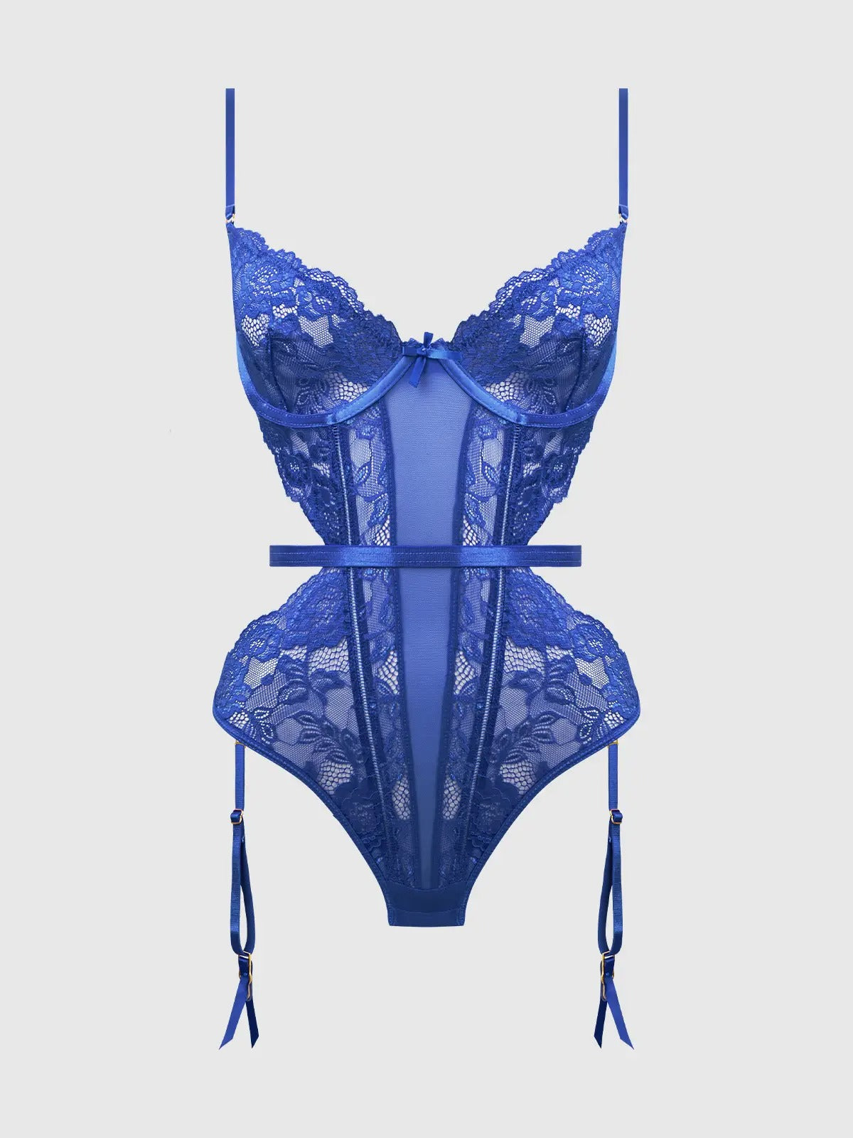 front view of a Harlow Lace & Mesh Underwire Teddy with removable garter straps and elegant lace accents.