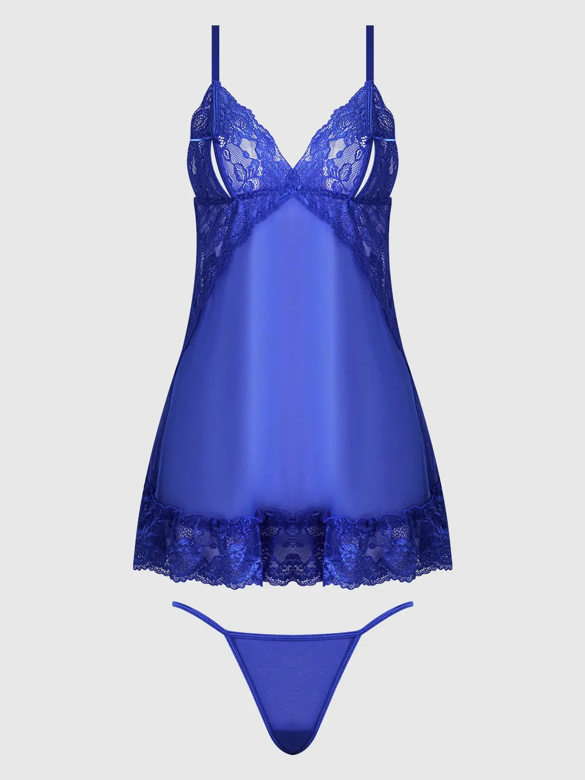 Blue lace nightgown with matching thong on a light gray background
