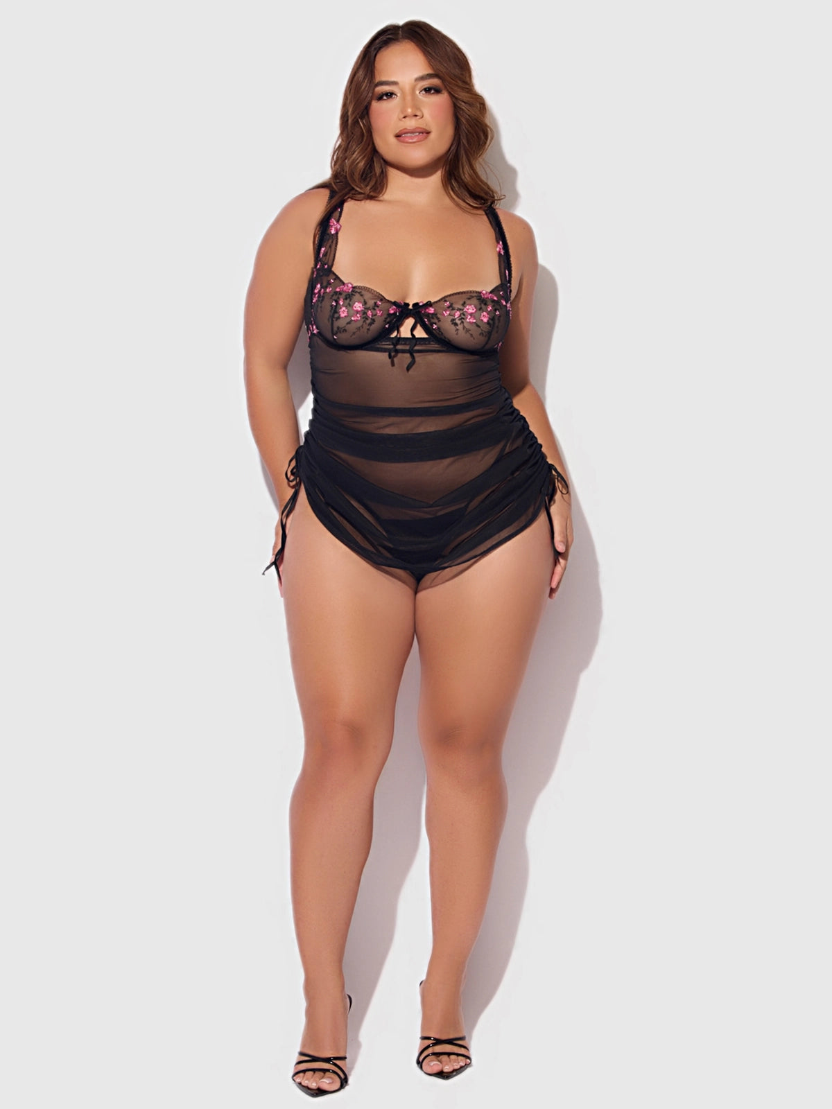 Front view of the Harper Embroidered Mesh Side Cinch Chemise featuring embroidered underwire cups and a scalloped square neckline.