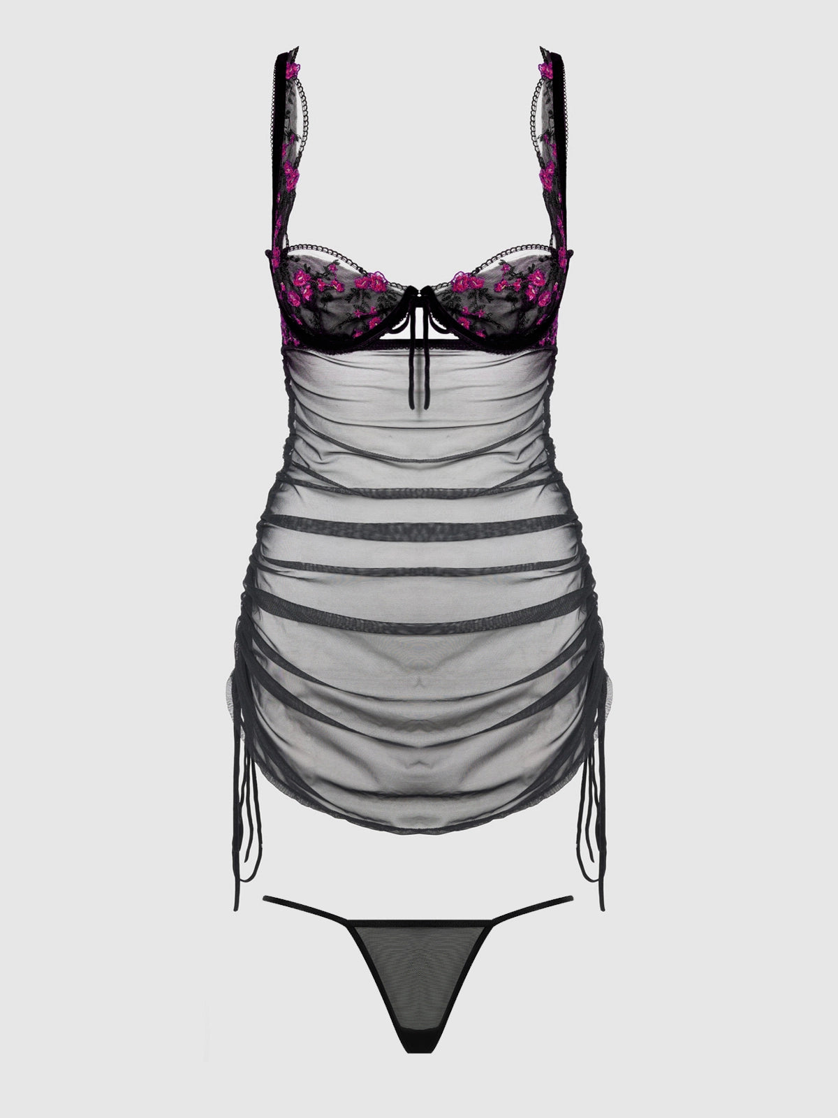 Harper Embroidered Mesh Side Cinch Chemise Set with sheer floral embroidery, adjustable side ties, and matching G-string.